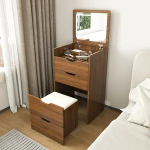 18.9"L 3-in-1 Vanity Desk with Lighted Mirror & Stool Flip Top Makeup Dressing Table Compact Storage for Bedroom Bathroom Dressing Room 18.9L Walnut Finish
