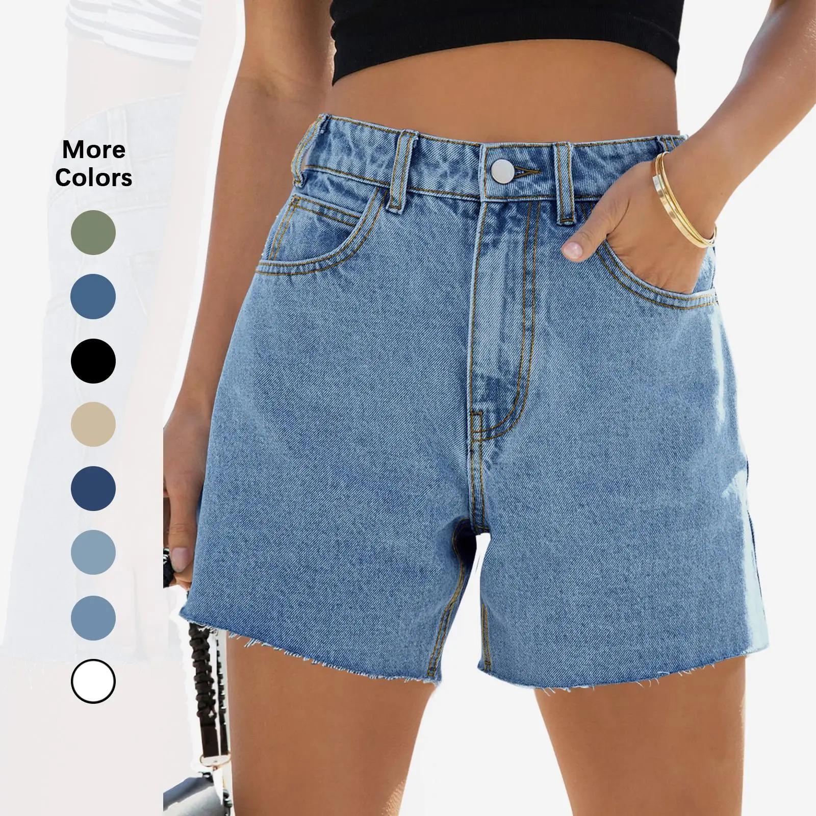 Flowyair Womens Jean Shorts High Waisted Straight Leg Stretchy Raw Hem Mom Denim Shorts Womenswear Bottom Trouser Basic Minimalist