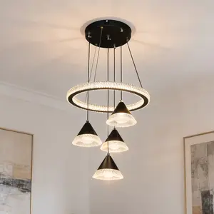 4-Head Black Conical Chandelier 3-Color LED Pendant Light Adjustable Height 80cm Modern Ceiling Lamp for Dining Room Living Room Kitchen Home Decor Geometric Silhouette & Durable Build