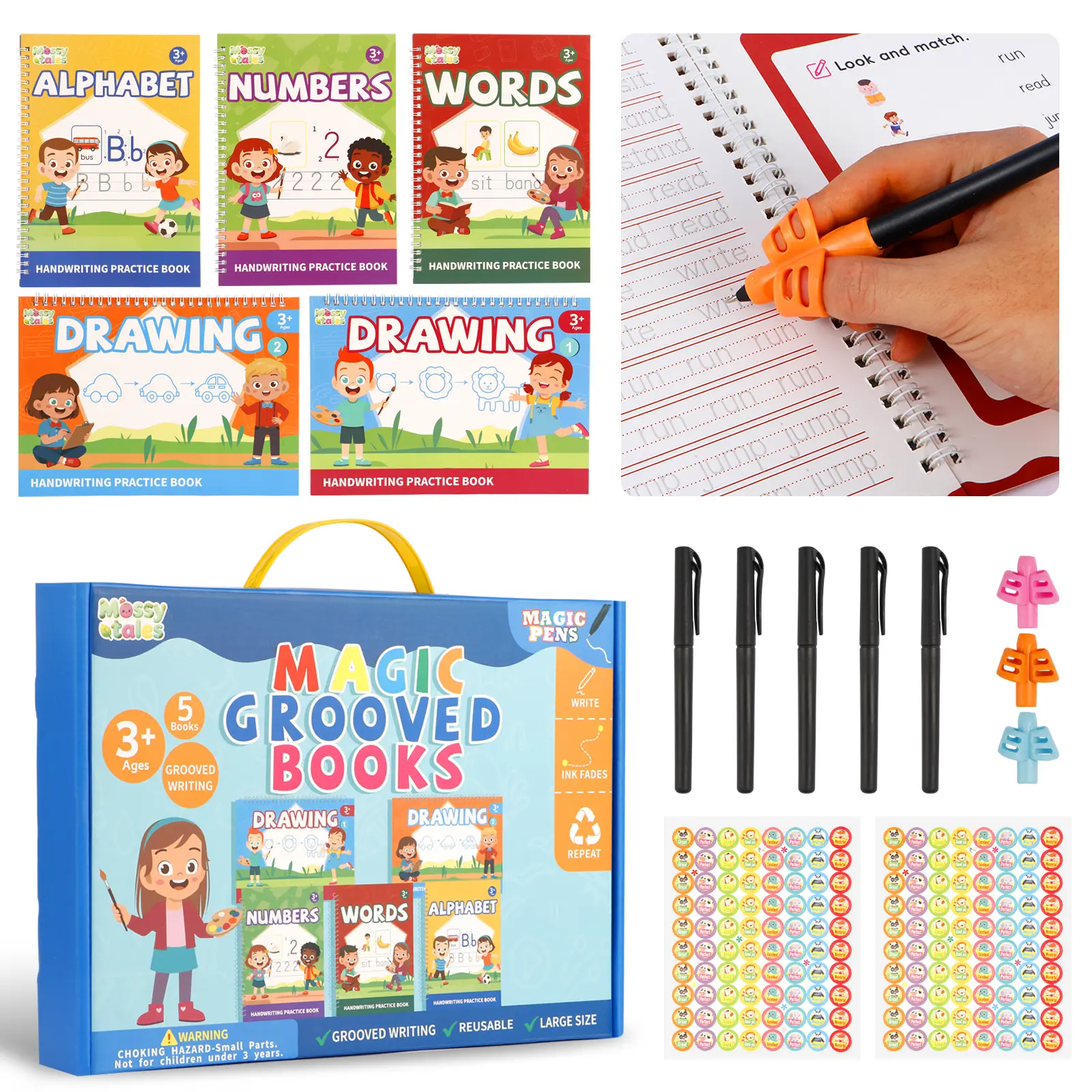 5-Book Reusable Grooved Tracing Preschool Workbook Set - Spiral-Bound Office/School Stationery, Magic Grooved Pages, Learning Tool Gift for Early Elementary Kids, Boosts Word Recognition & Essential Math Skills, Tracing Preschool Books