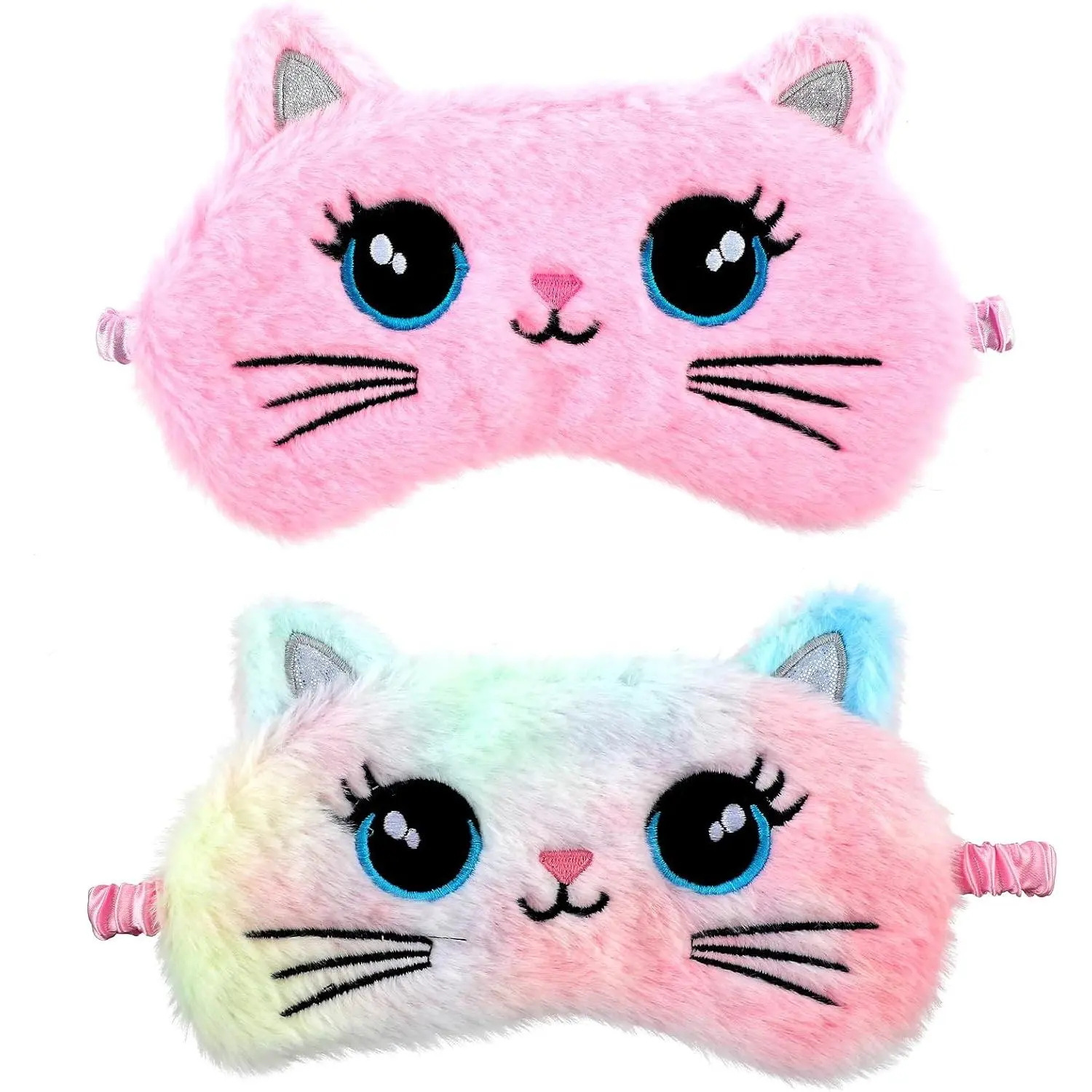Women's Multicolor Cat-Style Plush Lightweight Satin Eye Mask 2-Count, Portable Office & Night Rest Selfie Prep Accessory (Soft Sleeping Blindfold Gift)