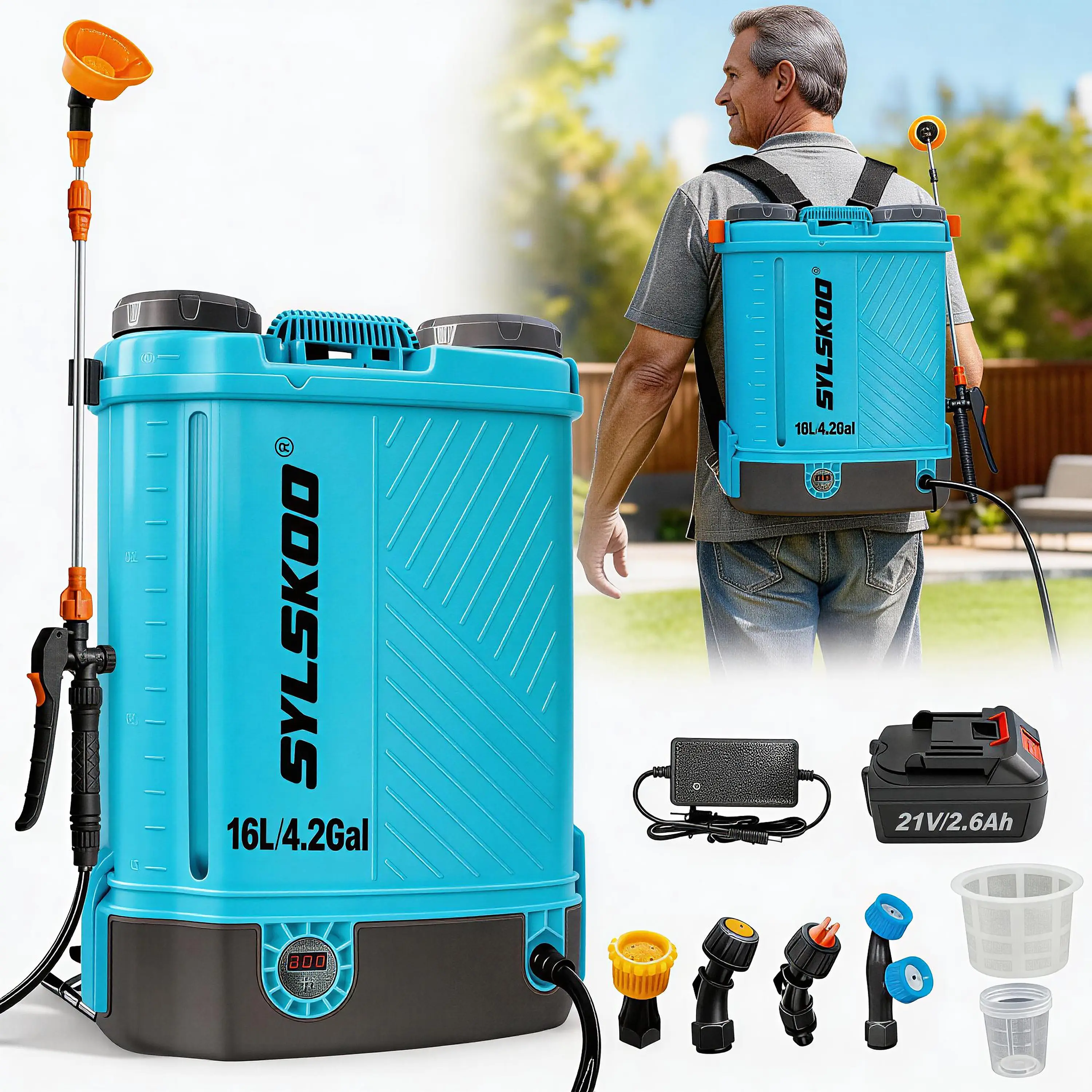 4 Gallon Battery Powered Backpack Sprayer, Adjustable 0-100 PSI, 25FT Hose, 5 Nozzles, 12V 2.6Ah Battery, Electric sprayer for Weeding, Cleaning,Spray pesticide,father'sdaygifts