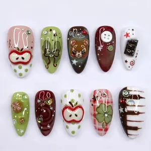 Mismatched Quirky Crafty Press on Nails with 3D Bear Apple & Chocolate | Fake Nails in Almond | Kawaii Cottagecore Art