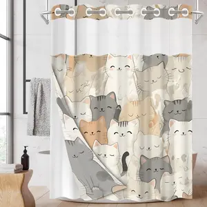 1pc hookless shower curtain with buckle lining, multi-colored densely arranged cat design, 2D flat printing, waterproof fabric lining, see-through double-layer shower curtain, 71 x 74 inches, modern home draping curtain.