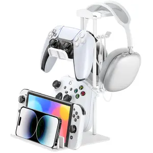P-HP07   Headphone Stand, Controller Holder & Headset Holder for Desk, Earphone Stand with Aluminum Supporting Bar, Universal Storage Organizer Headphones/Controller/Switch/Mobile Phone(White)