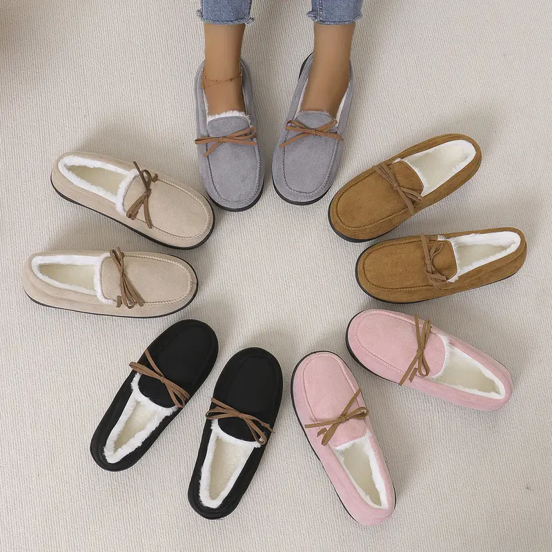 Women's Casual Classic Soft Fashion Moccasin Loafer Flats - Brown/Black Plain, Cute Round Toe Faux Suede, Chic Bow Accent, Plush Fur Lining, Memory Foam, Custom Fit, Rubber Grip Sole, Slip-On Ankle Footwear for Indoor/Outdoor Use, Mother's Day Gift