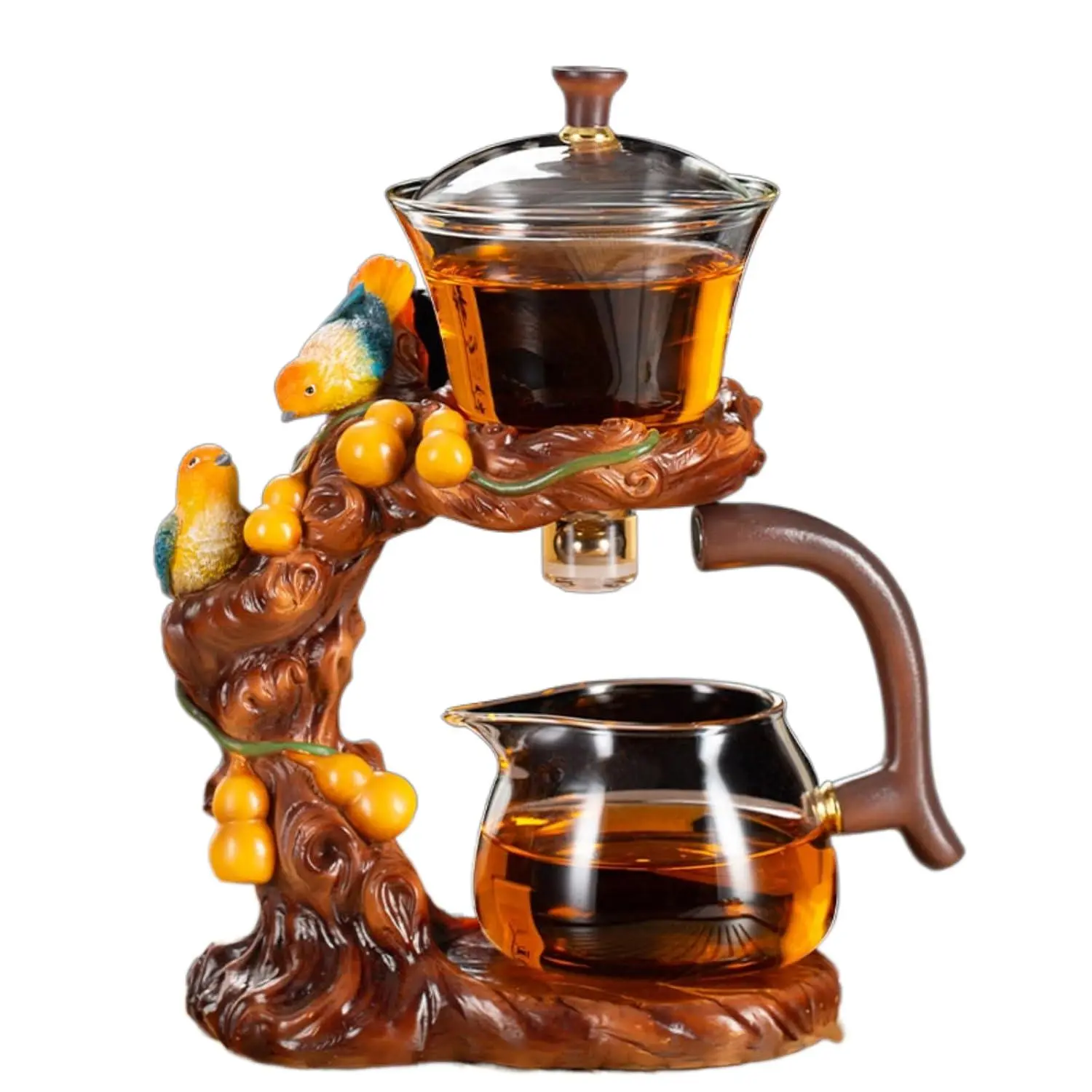 Semi-Automatic Glass Teapot Kit, Bird-Design Hands-Off Kungfu Drip Rotating, Infuser & Tea Bags Compatible, Matcha Kitchenware Tea Cup Set