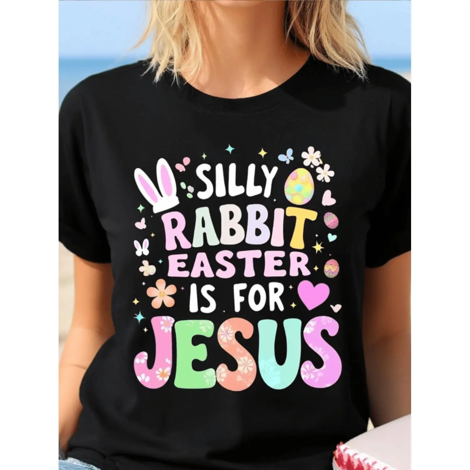 Women's Easter T Shirt Featuring Silly Rabbit Easter Is for Jesus Print with Bunnies and Crosses Breathable Black Short Sleeve Round Neck Loose Fit Church Outfit for Spring Events and Gift