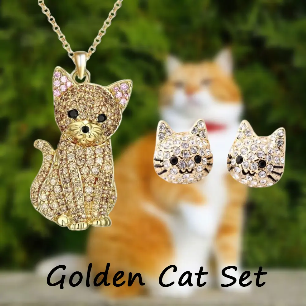 Unisex 3-Piece Golden Cat Pendant Stud Earrings Set - Adorable Alloy Jewelry, Earring Stack Gold, Ideal Christmas Party Gift for Cat Lovers, Fashion Accessories for Family & Friends