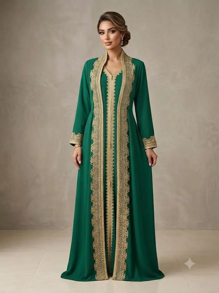 Women's Islamic Modest Clothing, Royal Green & Gold Embroidered Moroccan-Style 3-Piece Jalabiya, Embroidery