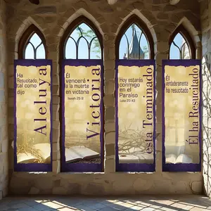 4 Pcs Religious Banners, Polyester Material Easter Jesus themed vertical hanging banners with bible verse patterns suitable for church and home indoor decor to create solemn religious holiday atmosphere for resurrection commemoration