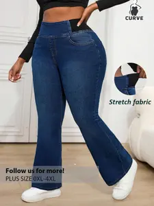 Women's Plus Size High Elastic Waist Jeans, Washed Slim Fit Bell Bottoms, Comfortable Breathable Cotton Feel, All Seasons, Leg Shaping, Casual Office Wear