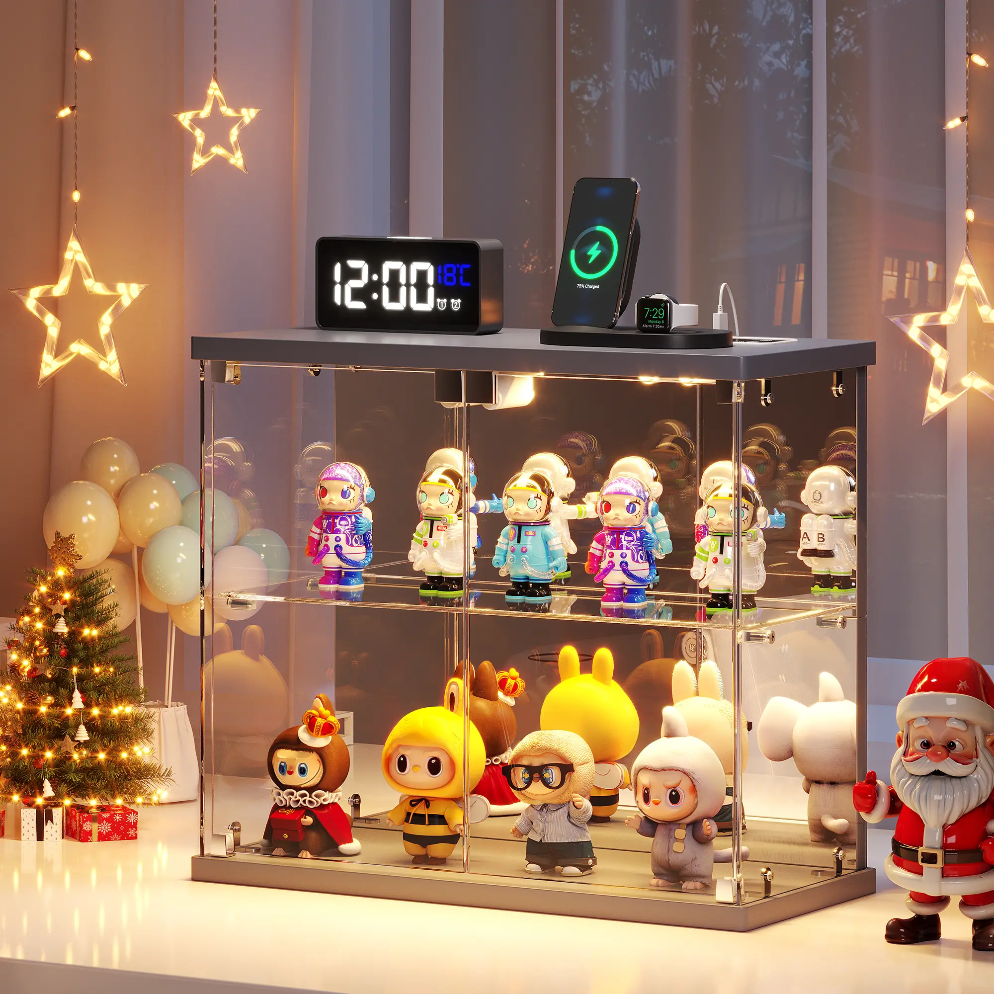 FREDEES Lighted Clear Glass Display Case - for Figures & Collectibles, Small 2-Tier Display Cabinet with Charging Station, LED Display Box with Lights & Human Sensor, for Model Car, Perfume Articulating Figurines