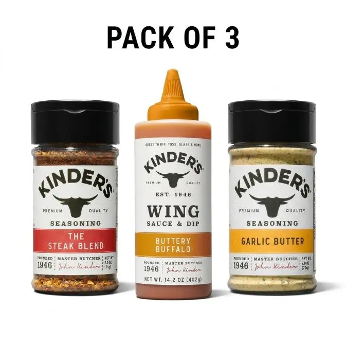 Pack of 3 Kinders, Garlic Butter Seasoning 2.8 oz, Buffalo Wing Sauce 14.2 oz & The Steak Blend 2.5 oz
