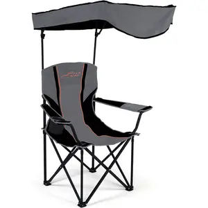 Foldable Wide Camping Chair with Sunshade, Oversized Camping Lounge Chair with Adjustable Shade Canopy, Heavy Duty Quad Fold Chair Arm Chair - Support 350 LBS (Black Grey)