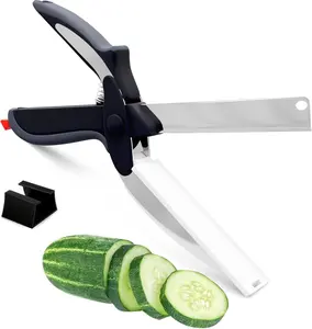 Cutting Board Scissors - 2 In 1 Stainless Steel Vegetable Scissors Cutting Board Knife, Dishwasher Safe, Safety Lock, Rust Resistant - Sharp Kitchen Scissors for Vegetables & Fruits