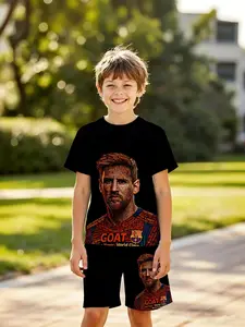 Boys' 3D Short Sleeve Set, Messi Barcelona Art Full Print Summer, Outdoor Wear, Holiday Gift, Birthday Present, 2026 World Cup