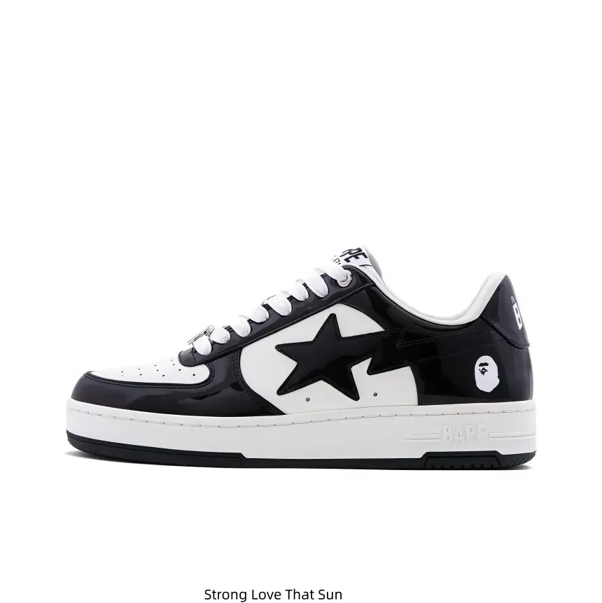 Unisex Black Patent Leather Low-Top Casual Sneakers with White Star Graphic and Brand Logo, classic thick sole design, trendy street daily shoes for men and women