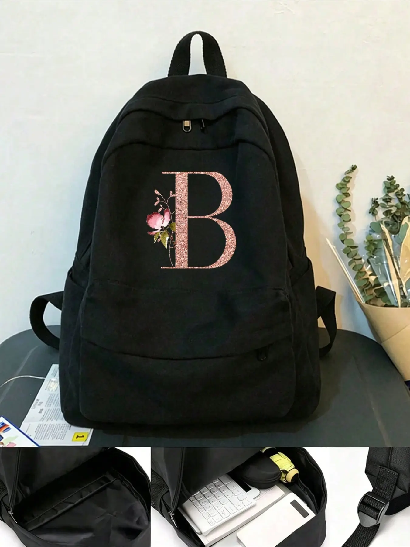 Large-capacity canvas backpack with rose gold letter pattern, customizable with initials (A-Z), unisex, outdoor school bag, laptop storage bag, suitable for hiking, camping, and other outdoor activities