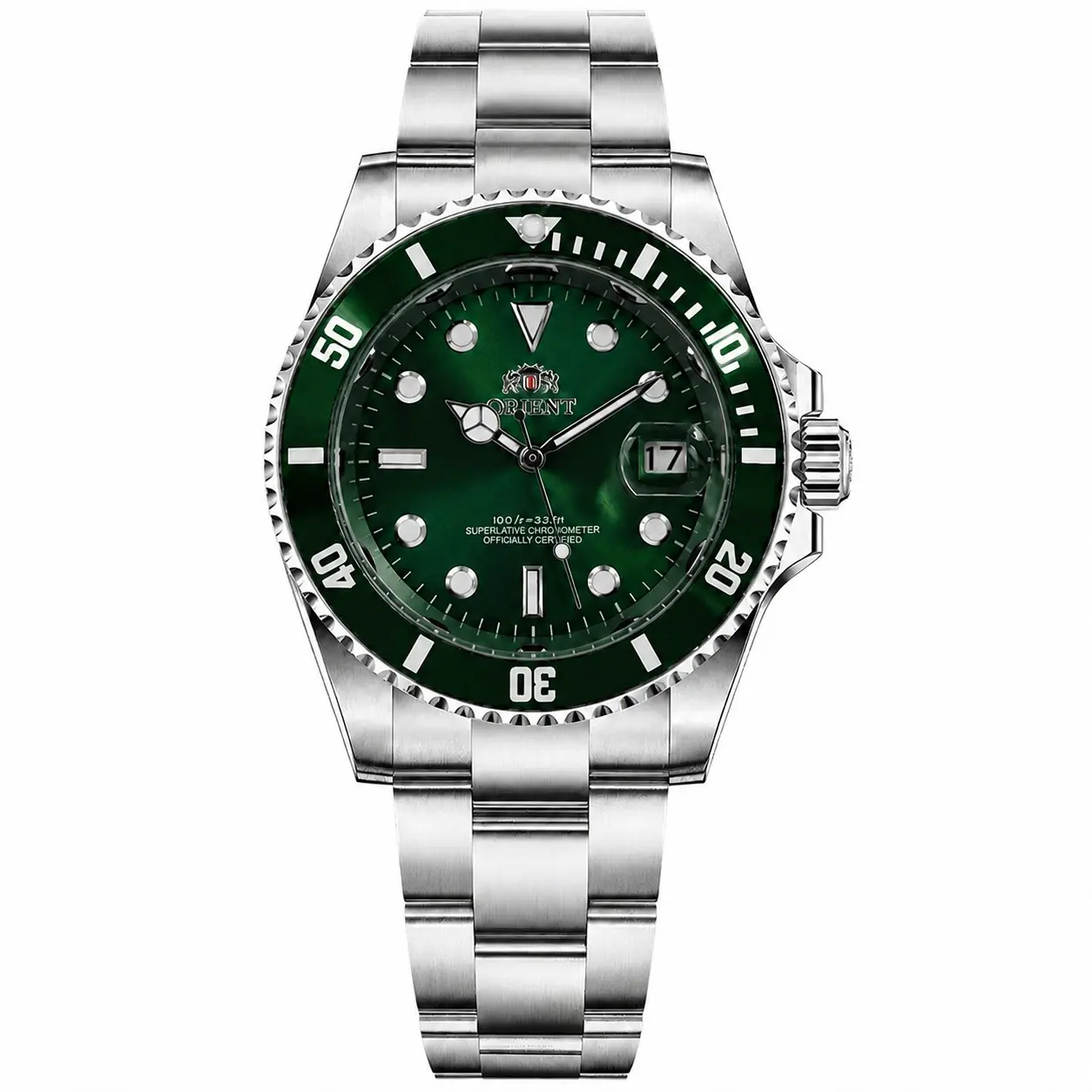 Orient Men Automatic Diver Watch Blue Ceramic Bezel Blue Dial Luminous Index Date Window Stainless Steel Bracelet 100M Waterproof Classic Submariner Style Self Winding Mechanical Wristwatch Luxury Sport Business Casual Daily Wear Gift For Gentlemen