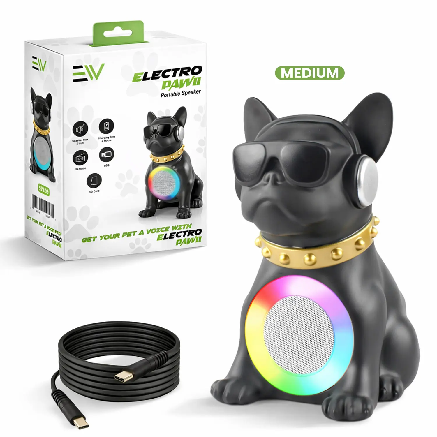 Bulldog Bluetooth Speaker, Portable Wireless 5W Stereo Speaker with RGB Lights, FM Radio, USB/TF Card Support, Rechargeable Cute Dog Speaker for Home, Desk, Travel & Outdoor — Black