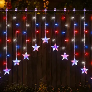 Independence Day Patriotic Star Icicle Lights | Red White & Blue Curtain String, 9.8ft 118 LEDs, Battery Operated (Batteries Not Included), Waterproof 8 Modes Timer Connectable Indoor Outdoor Window Decor