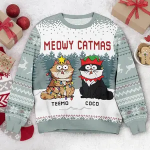 Personalized Cat Meowy Catmas Ugly Christmas Sweater  Retro Trendy Ugly Sweater, Sweater Lover Gift For Dad Gift For Mom Outfit For Family Holiday Menswear Baseball