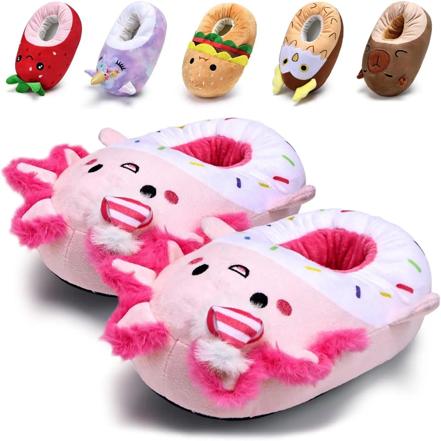 Kids' Axolotl Print Slip-On Easy Slippers, Soft Plush Round Toe Indoor Shoes with Silicone Grip, Synthetic Foam Sole, Low Heels, Year-Round Animal Themed Gifts for Boys/Girls (10.5-11.5 Little Kid, 12-13 Years)