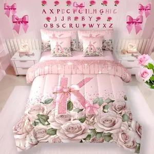 Feelyou 7-Piece Bed in a Bag Comforter Set - Pink Princess Bowknot Bedding with Monogrammed Initial Letter K and Sheet Set, Bed Comforter Set