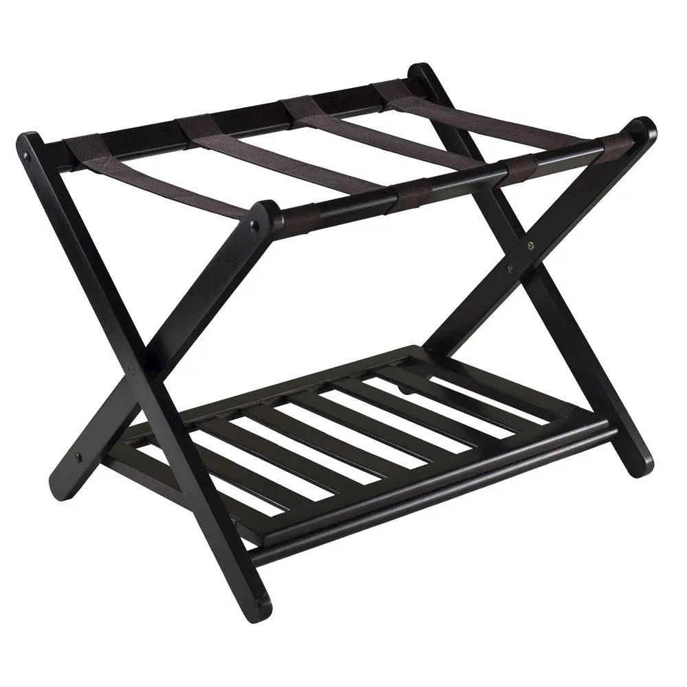 Foldable Luggage Rack with Shelf, Brown Nylon Straps, Slim Fold, Organiser, Wood
