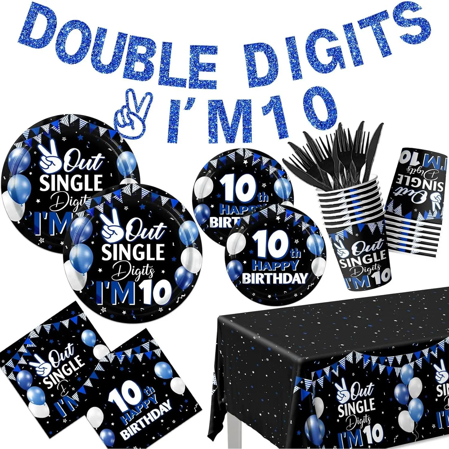 142 count 10th Birthday Decorations for Boys,10 Year Old Birthday Decorations Tableware Double Digits Birthday Boy Plates and Napkins Cups Tablecloth for Boys Birthday Party Decorations