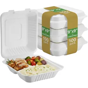 Bagasse Hinged  Containers - -Free  Biodegradable Clamshell Takeout Boxes, Compostable Disposable To-Go Containers for Hot & Cold  (9" X 9" 3-Compartment) 100pack