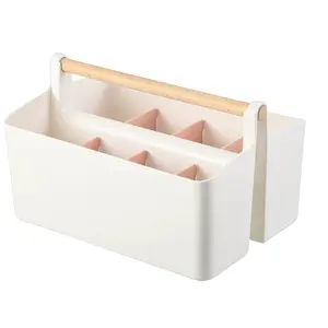 Wooden Handle Plastic Organizer Caddy, Versatile Storage Tote for Makeup, Utensils & School Supplies, Durable and Space-Saving Design, Home Organizers