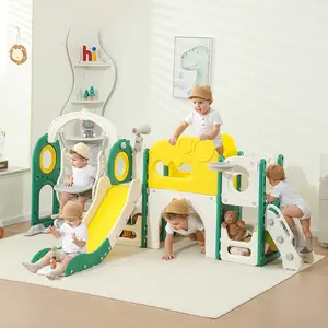 9-in-1 Kids' Slide with Basketball Hoop & Telescope - Extra Long Rolling Climbing Play Equipment for Ages 3-6, Durable White/Blue/Yellow Design for Playground, Patio, Indoor/Outdoor Use, Outdoor Play Equipment, Playful Design, Sturdy Construction.