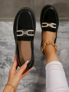 Women's Fashionable Plain Color Loafers, Office Shoes, Casual Comfortable Chain Decorated Slip on Shoes for Daily Wear, Lightweight Breathable Shoes for All Seasons
