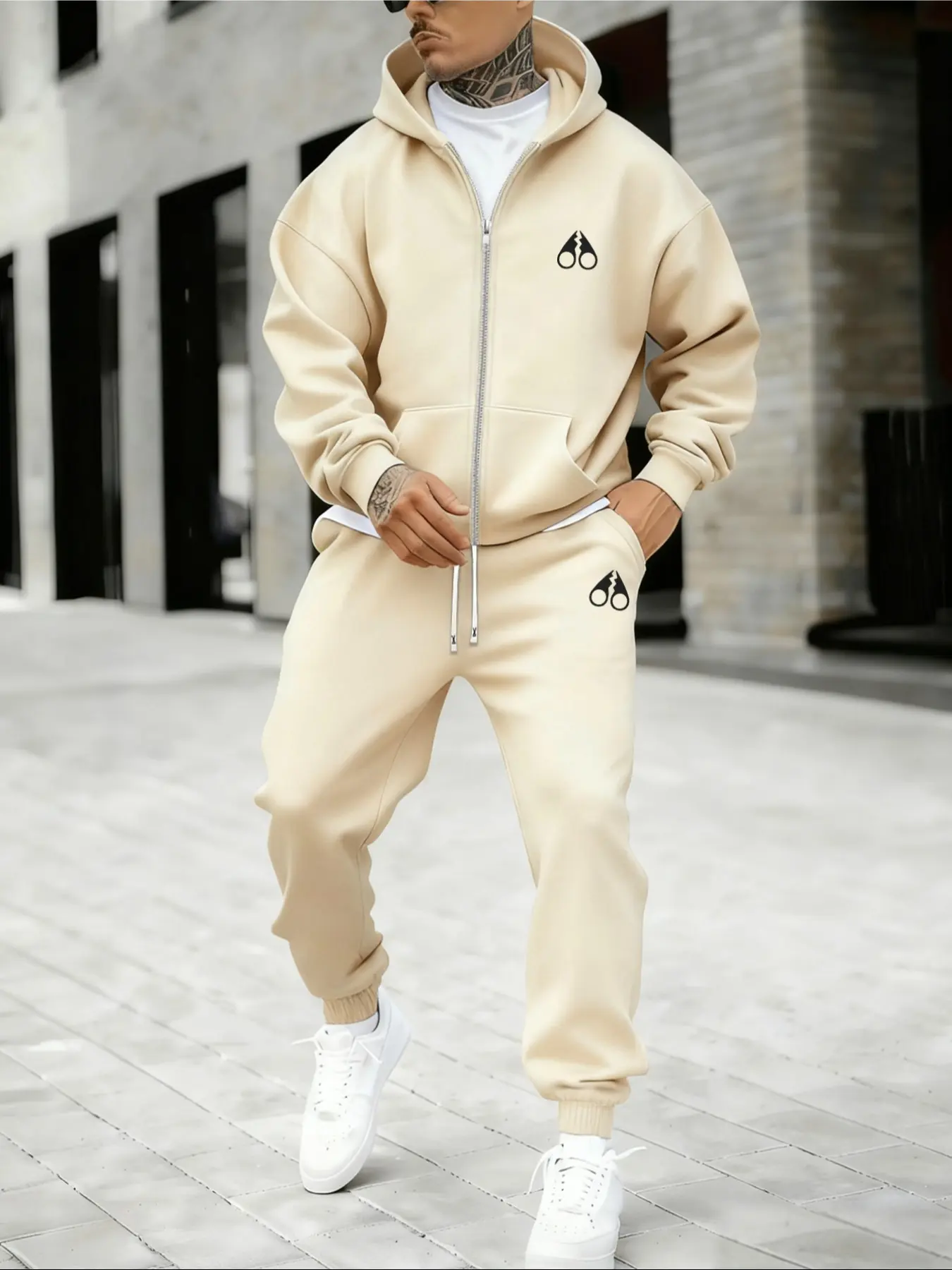 Autumn Winter Casual Zip Hoodie Set, Comfortable Trendy Print Hooded Sweatshirt with Loose Sport Pants, Perfect Gift for Couples, Sweatsuit Set Outfit
