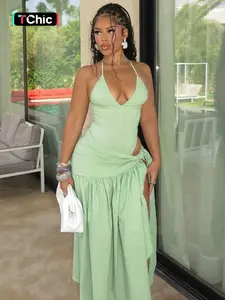 V Neck Halter Neck Tie Back Backless Sleeveless Camisole Bodysuit Top Bodycon Lace-up Side Split Skirt Two Pieces Sets Party Club Holiday Summer Outfits For Women