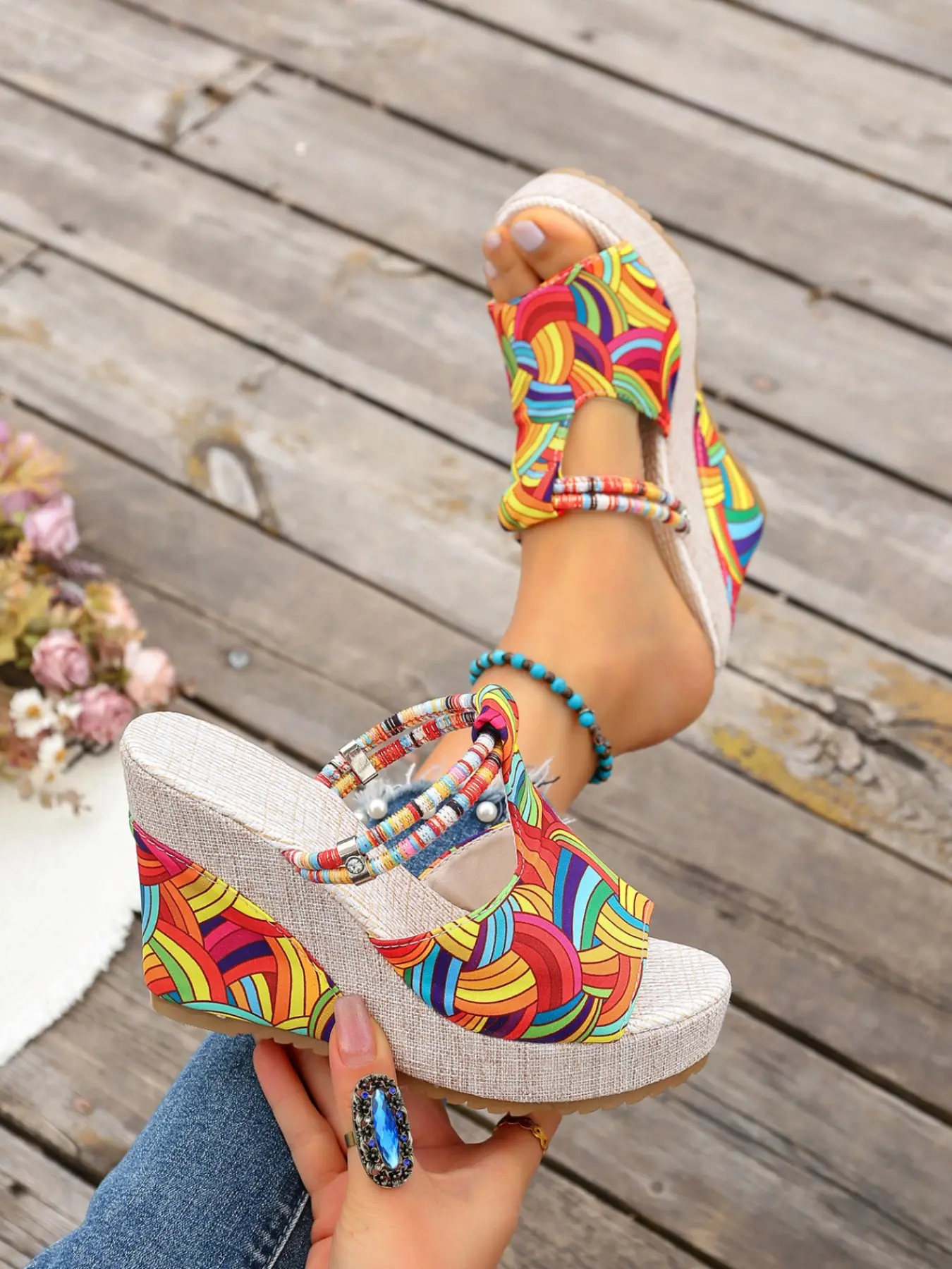 Women's New Summer Platform Wedge Sandals: Fashion Bohemian Sandals Rainbow Color-Block Slip-On 10cm Ultra High Heel Peep-Toe Slides for Outdoor Wear