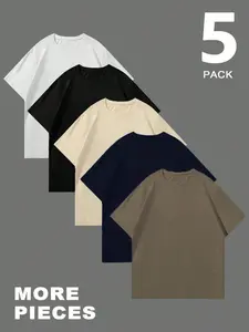 Large Size Men's Solid Color Basic T-Shirt 5-Pack, Summer Loose Fit Round Neck Short Sleeve Top, Casual Print Pattern