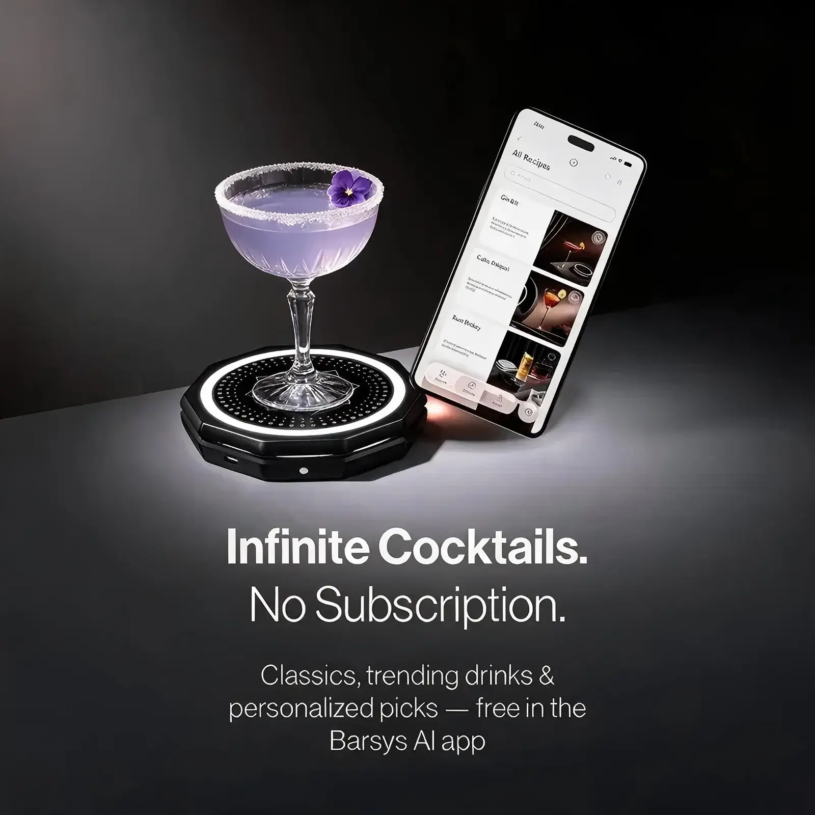 Portable Smart Cocktail Maker - App-Control Automatic Drink Mixer with 1000+ Recipe Library, Round Base, Coasters-Included Kitchenware Bar Utensil for Cocktails, Mocktails