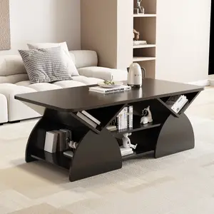 Engineered wood rounded corner rectangular coffee table for living room, easy assembly storage table with open shelves sturdy frame for Reception Room, Modern Coffee Table Geometric Design