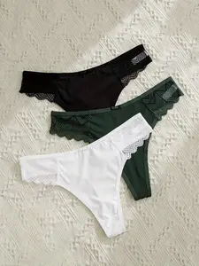 Women's Solid Contrast Lace Thong, Basic Comfy Breathable Panties for Daily Wear, Underwear for All Seasons