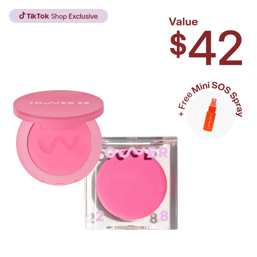 Tower 28 Cheeky Blush Duo Cream and Powder Blush Set, Full-Size BeachPlease and GetSet Powder Blush for Long-Lasting Color, Vegan & Sensitive Skin-Friendly