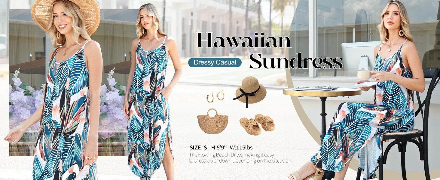 OFEEFAN Women's Maxi Dresses for Women Casual Long Summer Sun Dresses 2026 Spaghetti Strap Hawaiian Vacation Outfits for Women