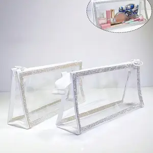 Transparent PVC Pencil Box with Rhinestones, Fashionable Office Storage, Durable Transparent Design, Portable Makeup Bag, Multiple Styles Available