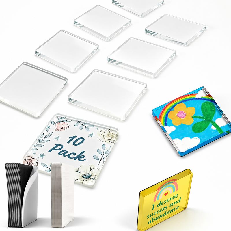 10-Pack Square DIY Refrigerator Magnet Kits, 2.36x2.36" Lightweight Acrylic Magnetic Photo Frames with Adhesive Backing - Metal Sheet Included, Ready-to-Ship for Artwork Display, Customized Gifts