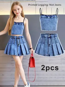 Girls' Trendy 2-Piece Set, Printed Leggings & Tank Top, Non-Denim Fabric, Comfortable &, Digital Print Design