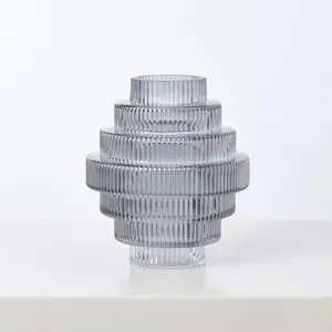 Multi-Tiered Geometric Smoke Blue Fluted Glass Vase