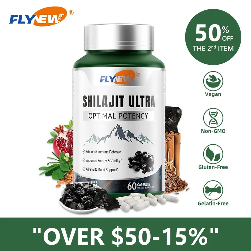 FLYNEW Shiilajit Ultra Optimal Potency Organic Blended Dietary Supplement Capsules - Natural Extracts Daily Energy Adaptogen, Immune Support, Antioxidants - Made in USA, 60 Count, Blended Supplement