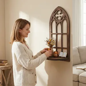 Gothic Window Wall Shelf - 14 Inch Tall Cathedral Wooden Display Rack, Multi-Function Wall Mounted Shelves for Picture Frames, Plants, Candles & Treasures, Ideal Home Decor Gift (True Size as Pictured)